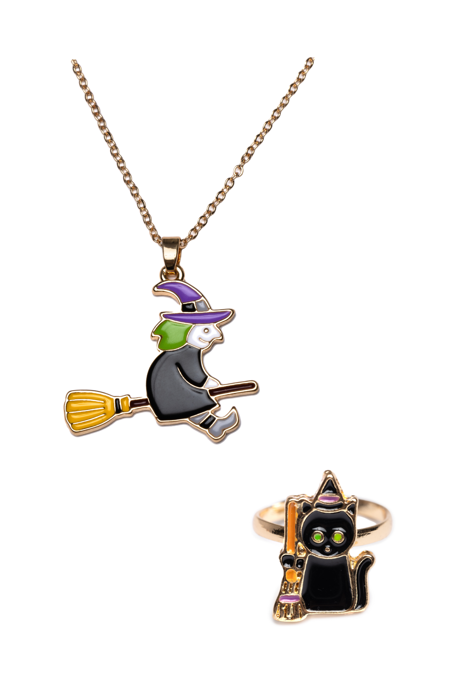 Witch Necklace & Black Cat Ring Set (2 pcs)