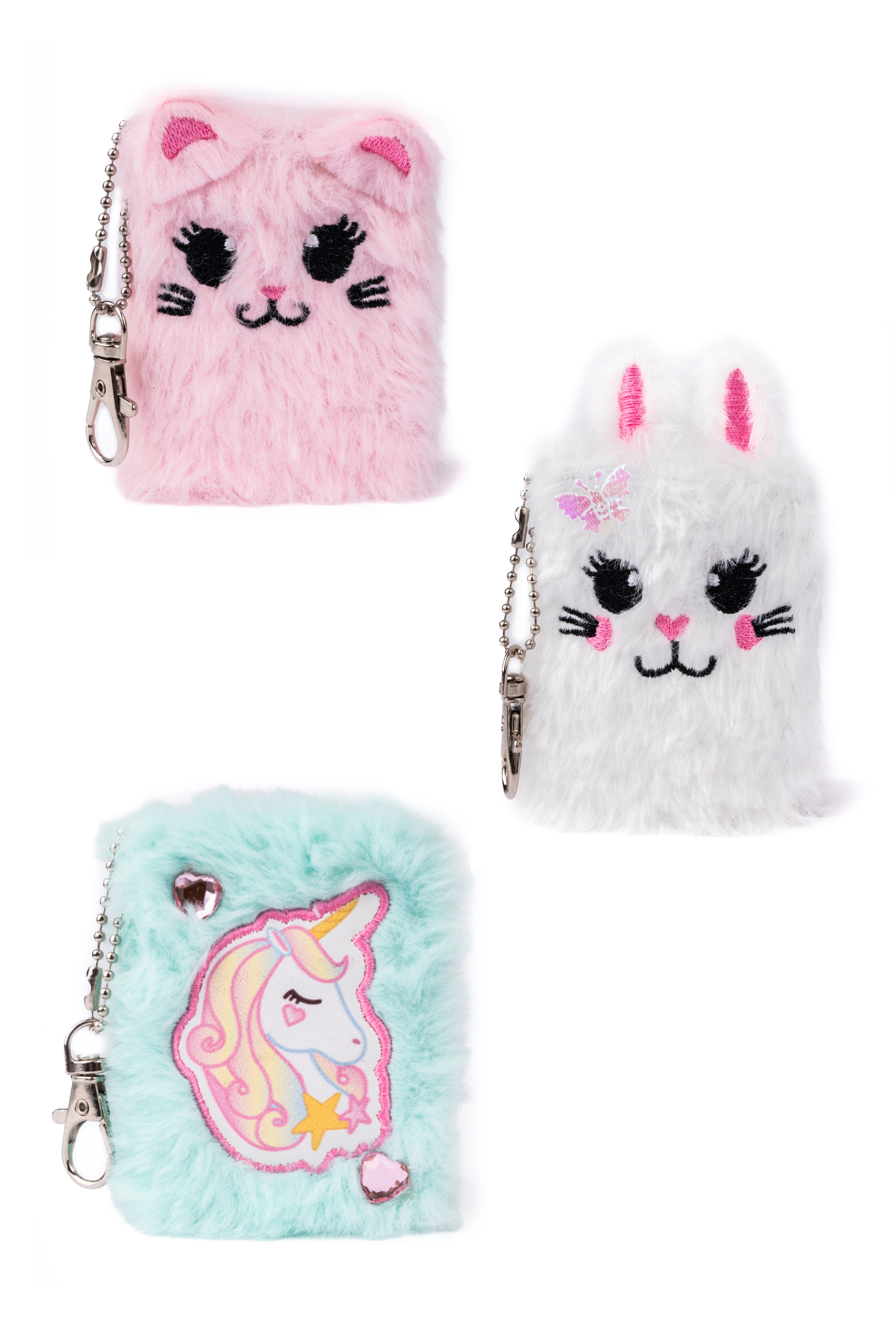 Mini Furry Friends Keychain Journal Bunny/Cat/Unicorn, 3 styles assorted