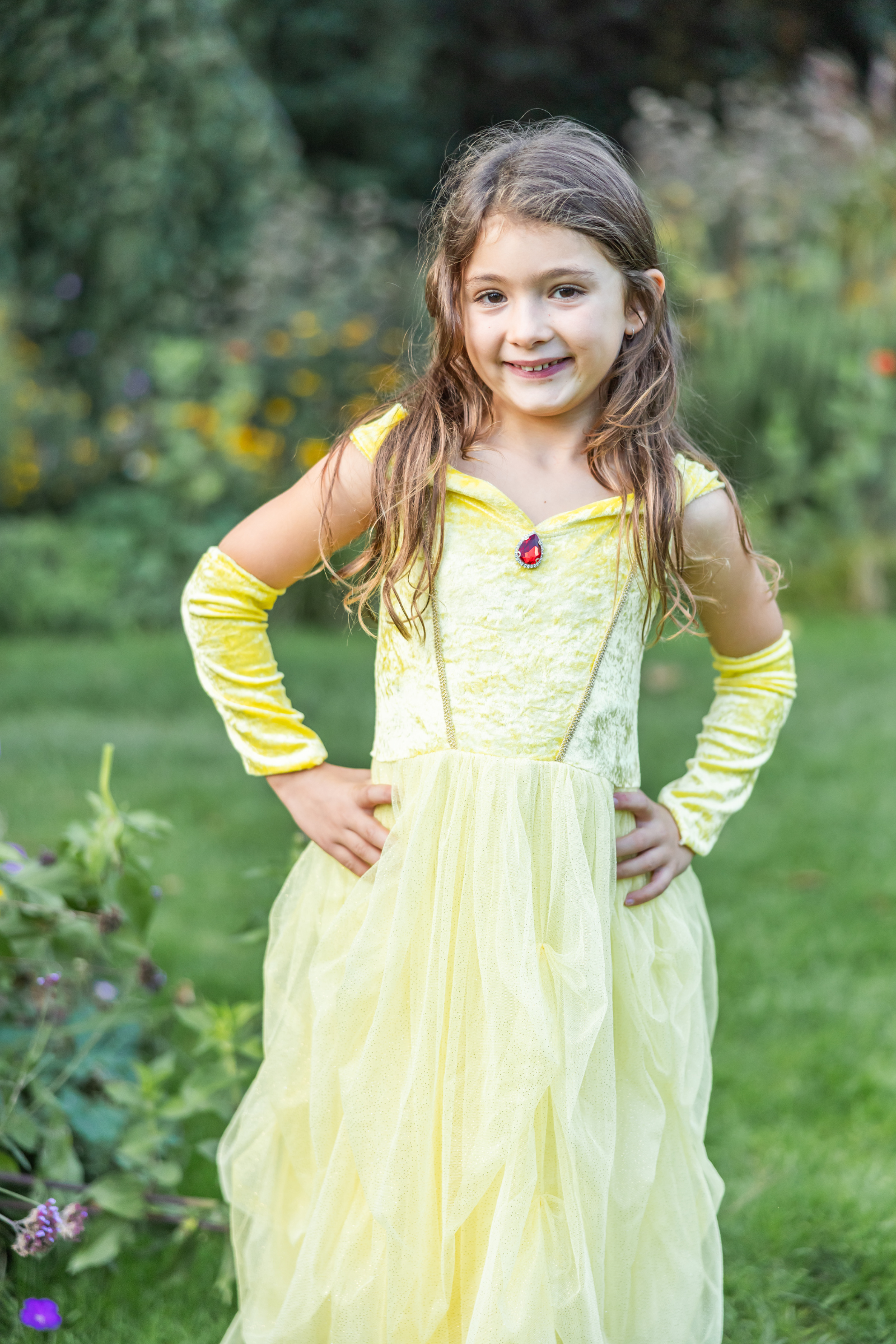 Velvety Soft Yellow Princess Gown with Arm Warmers