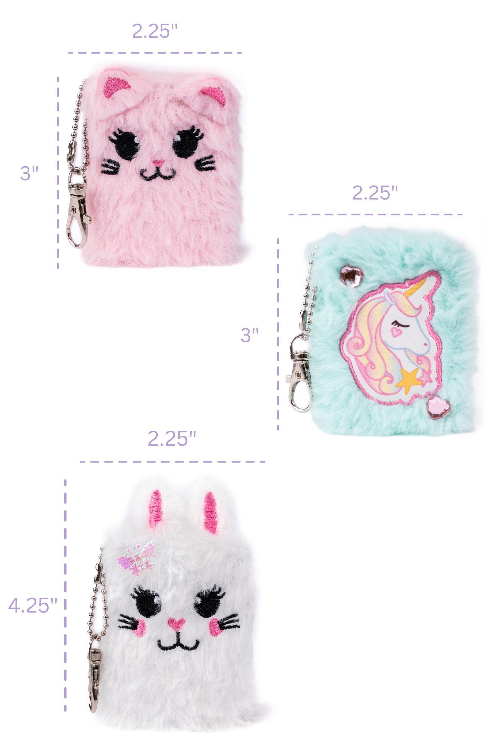 Glitzernde Pelzige Freunde Schlüsselanhänger Tagebuch, Hase, Katze, Einhorn